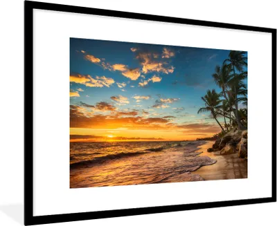 Produktbild von MuchoWow® Gerahmtes Poster Strand - Sonnenuntergang - Meer - Palme 90x60 cm - Poster mit Schwarzem Bilderrahmen Wandposter Rahmen Foto Bilder - Wanddekoration - Fotos