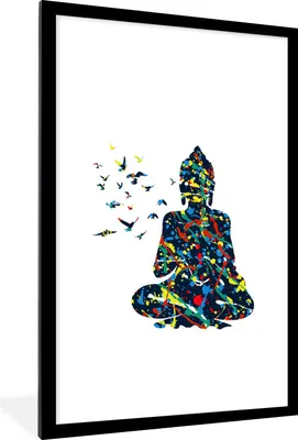 Produktbild von MuchoWow® MuchoWow® Gerahmtes Poster Buddha - Vögel - Farbe 60x90 cm - Poster mit zchwarzem Bilderrahmen - Dekoration - Wandposter Wohnzimmer - Hochwertig