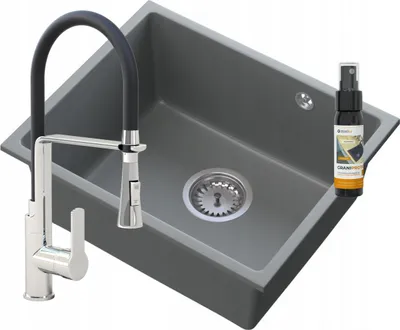Obrázek produktu pro Granitan - Granitový dřez - Dřez 46x37,5 cm - Kuchyňský dřez šedý - s baterií a sifonem - MANADO