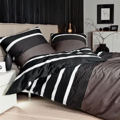 Produktbild von Janine Biber Bettwäsche Davos 4 teilig Bettbezug 155 x 220 cm Kopfkissenbezug 80 x 80 cm Nougat schwarz Streifen