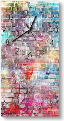 Produktbild von DEQORI Glasuhr 30x60 cm Zahlen 'Ziegelmauer mit Graffiti' Wanduhr Glas Uhr Design leise
