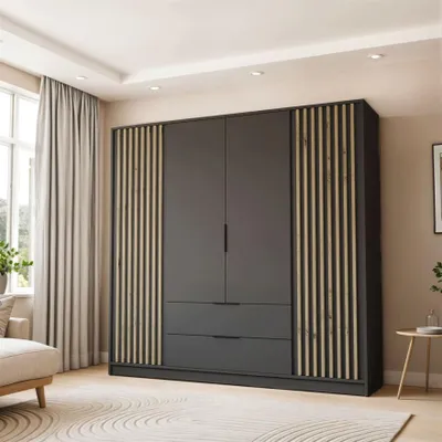 Produktbild von Schrank mit Klapptüren Vierflügelig NELA mit Lamellen Graphit + Eiche Artisan 206 cm