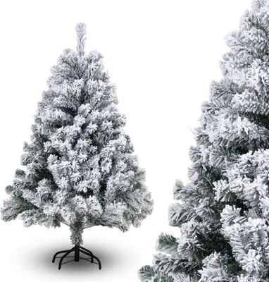 Image de Arbre de Noël Peviasot, 120 cm, avec effet neige, 340 branches, sapin artificiel dense, avec base en métal