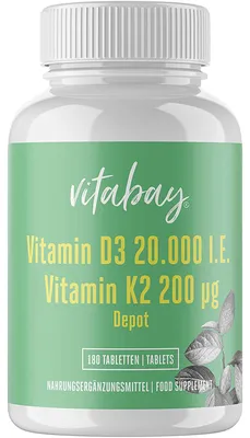 Obrázok produktu pre Vitabay Vitamín D3 Depot 20000 IU + vitamín K2 200 mcg, 180 tabliet