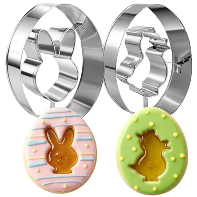Produktbild von Oster-Ausstechformen, 2-teilig, Küken-, Eier- und Hasenformen, Ausstechformen aus Edelstahl, doppelseitige Mini-Ausstechformen aus Metall, Backen mit festlichem Thema.