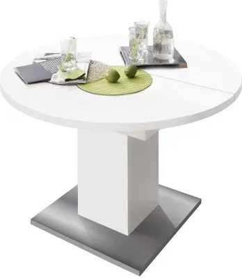 Produktbild von Esstisch rund 0588 104 weiss matt edelstahloptik B H 104 144 x 76 cm