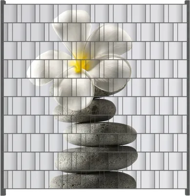 Produktbild von Wallario Zaunsichtschutz mit Motiv Blume auf gestapelten Steinen für Ein- und Doppelstabmatten Zäune in der Größe 200 x 200 cm