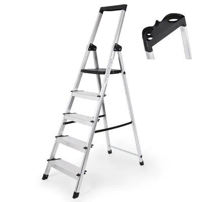 Produktbild von Sekey Aluminium Stehleiter 5 Stufen Trittleiter Klappbar Haushaltsleiter, XXL-Stufen belastbar bis 150 kg, Klapptritt mit Ablage, Silber