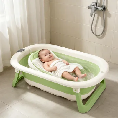 Produktbild von Faltbare Baby Badewanne,Babybadewanne mit Thermometer und Stützkissen Rutschfeste,Babywanne Badebecken Duschwanne für Kleinkinder 0-3 Jahre(Grün)