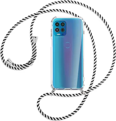 Produktbild von Handykette Backcover-Schutzhülle mit Band (Metall silberfarben) für Motorola Moto G100 - schwarz/weiß gestreift