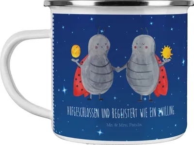 Produktbild von Mr. & Mrs. Panda Teetasse Sternzeichen Zwilling - Sternenhimmel Blau - Geschenk, Emaille Becher, Emailletasse, Tasse, Pott, Zwillingsschwester, Teebecher, Glückskäfer