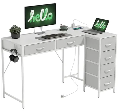Produktbild von Wendbarer Eckschreibtisch mit 6 Schubladen (126 x 48 cm), Steckdose, USB- und USB-C-Ladeanschluss, Wei?