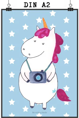 Produktbild von Mr. & Mrs. Panda Bild Einhorn Fotograf DIN A2 - Blau Pastell - Geschenk, Wandbild, Designposter, drucke, Plakat, Weltreise, Unicorn, Tourist, Kamera, Posterdruck
