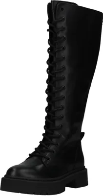 A black leather lace-up boot shown from a side-diagonal angle against a white background.