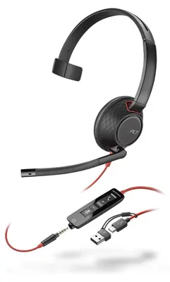 Productafbeelding van HP Poly Mono-hoofdtelefoon Poly Blackwire 5210 met USB-C + 3,5 mm connector + USB-C/A adapter, kabel, geschikt voor kantoor/callcenter, 125,4 g, hoofdtelefoon met microfoon, zwart
