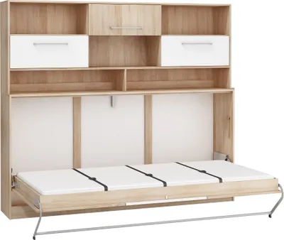 A wall bed with integrated shelving and drawers, shown in an open state with the mattress extended.