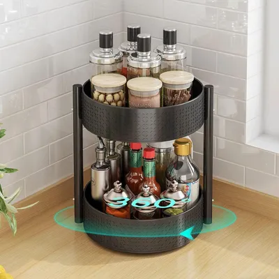 Immagine prodotto di YunNasi Portaspezie rotante nero Lazy Susan Organizzatore da cucina Rotazione a 360° 2 ripiani