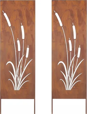 Two identical metal garden screens with a cut-out design of cattails and reeds, presented against a white background.