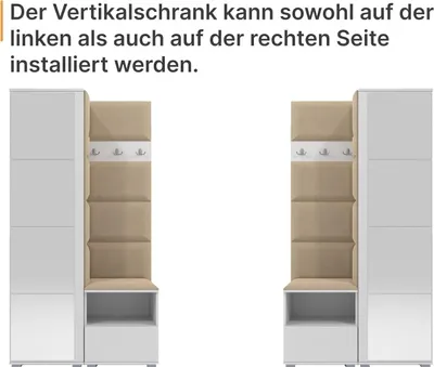 A pair of identical hallway furniture units, each with a tall cabinet and a padded section with coat hooks and a bench with storage.