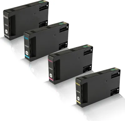 Four black ink cartridges arranged diagonally on a white background.