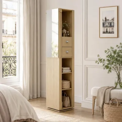 Produktbild von Drehbarer Spiegelschrank mit Spiegel, Hochschrank für Flur & Schlafzimmer, Holzoptik, 40 x 35 x 165 cm