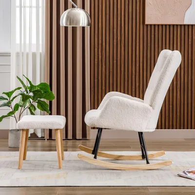 Image de MODFU Fauteuil à Bascule Blanc avec Repose-Pieds et Appui-Tête, Rocking Chair Confortable en Tissu + Mousse + Bois Massif - 65x82x94 cm