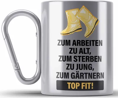 Produktbild von Trendation - Gärtner Edelstahl Tasse Karabiner mit Spruch Garten Hobbygärtner Gärtner Geschenk Lustig Gärtnerin Geschenkidee (Silber)