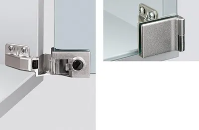 Close-up views of a metal hinge designed for glass doors, showing its mounting mechanism.