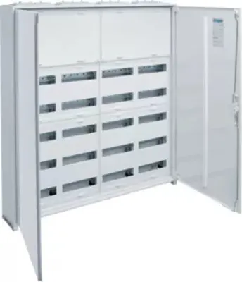 An open white electrical distribution board with multiple compartments.