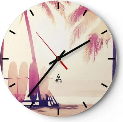 Produktbild von Wanduhr - Rund - Glasuhr - Fackel Strand Surfen - 30x30cm - Schleichendes Uhrwerk - Lautlos - zum Aufhängen bereit - Dekoration Modern - Wanddekoration aus Glas - C3AR30x30-4593