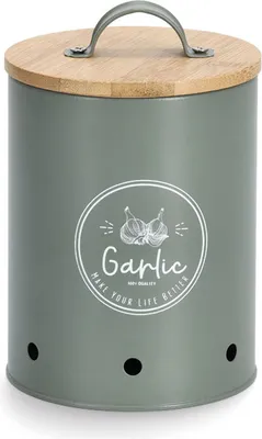 A gray metal garlic storage container with a bamboo lid and a white graphic on the front.