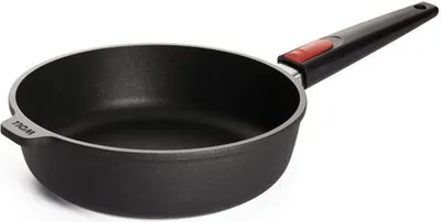 A black frying pan with a red accent on the handle, shown from a side angle against a white background.