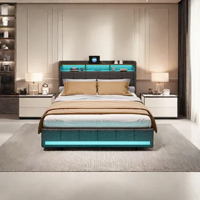 Obrázek produktu pro Postel pro dva – Rám postele – Postel s pružinovou základnou – Postel s úložným prostorem – LED postel – Rozměry 160x200 cm – Potah z lnu