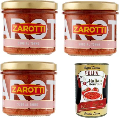 Produktbild von Zarotti Sugo al Tonno Thunfischsauce 3x 110gr + Italian Gourmet polpa 400g