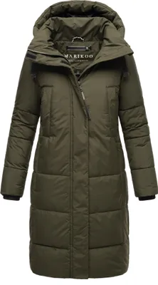 Produktbild von Marikoo Damen Winter Steppjacke Recycelt Vegan gefüttert Stepp Jacke lang warm Mantel Parker Kragen mit abnehmbarer Kapuze Laryaa XVI Dunkel Olive Gr: 42 - XL