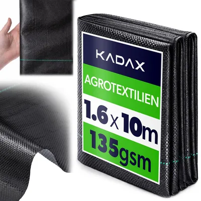 Produktbild von KADAX Unkrautvlies 1.6 x 10 m, 135g/m², reißfeste Gartenfolie aus Polypropylen, wasserdurchlässiges Gartenvlies zur effektiven Unkrautbekämpfung, Pflanzfolie (Schwarz)