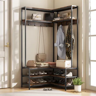 Zdjęcie produktu dla stojak na płaszcze 178 cm w kształcie litery L, wieszak na płaszcze z ławką, półką i haczykami, wieszak na płaszcze w stylu industrialnym do narożnika (brązowy)
