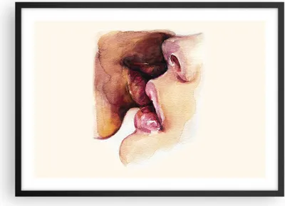 Produktbild von Gerahmtes Poster - Schwarzer Rahmen - Kuss Mund Paar - 70x50 cm - Wand Bild - Wanddeko - Wandbilder - Kunstposter - Wandposter - Bilderrahmen - Bilder - Kunstdruck - Wanddekoration - P2BAA70x50-5051