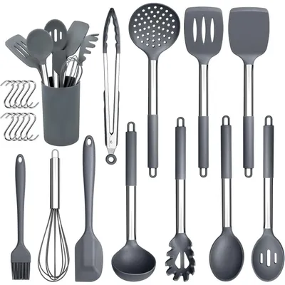 Produktbild von Silikon Küchenhelfer Set 22-teilig mit Utensilienhalter, hitzebeständig, antihaft, grau