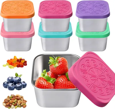 Produktbild von 6 Stück Snackbox - 180 ml - Obstbox - Snackbox für Kinder - Edelstahlbehälter mit Silikondeckel - Auslaufsicher - für Soßen und Lebensmittel