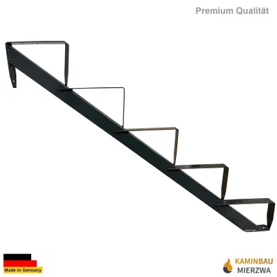 A black metal stair stringer with five steps, shown against a white background.