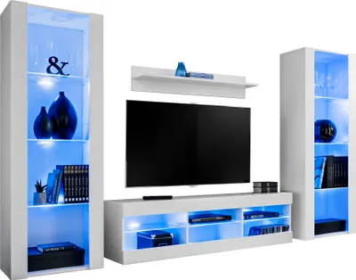 Produktbild von Komodee | Wohnwand Wohnzimmerset Tivoli Grande, Korpus Weiß Matt Frontfarbe Weiß Matt, LED Blau