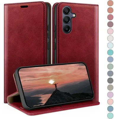 Obrázek produktu pro Obal na mobil Samsung Galaxy A16, skládací, z umělé kůže, s kapsou na karty a ochranou proti RFID, červený