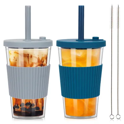 Bubble Tea Becher 500 ml, 2er Set mit Deckel und Strohhalm