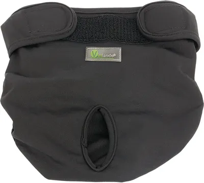 A black dog diaper is shown against a white background.