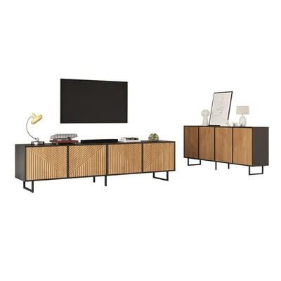 Produktbild von TV-schrank-Set,Ein Wohnzimmer-Sideboard (160 x 40 x 75 cm) + ein viertüriger TV-Schrank (180 x 40 x 50 cm) in Naturholzfarbe mit schwarzen Akzenten