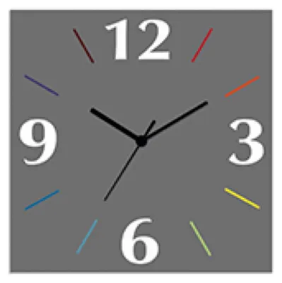 A close-up of a modern wall clock with colorful hour markers.