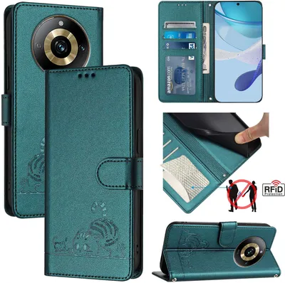 Produktbild von Leder Hülle für Realme 11 Pro/Realme 11 Pro+ Süße Katze Flip Case Brieftasche Schutzhülle mit Standfunktion Grün
