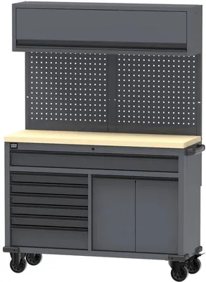 Productafbeelding van Verrijdbare werkbank, 136 cm breed, met 7 lades en een bovenkast (grijs)
