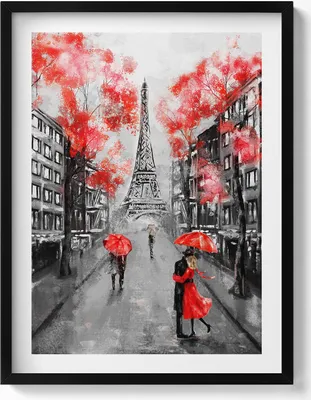 Produktbild von Paris - Eiffelturm und rote Regenschirme– Wandbild mit Rahmen – Gerahmtes Bild  – Wanddekoration – 60x80 cm –  Schwarz Rahmen